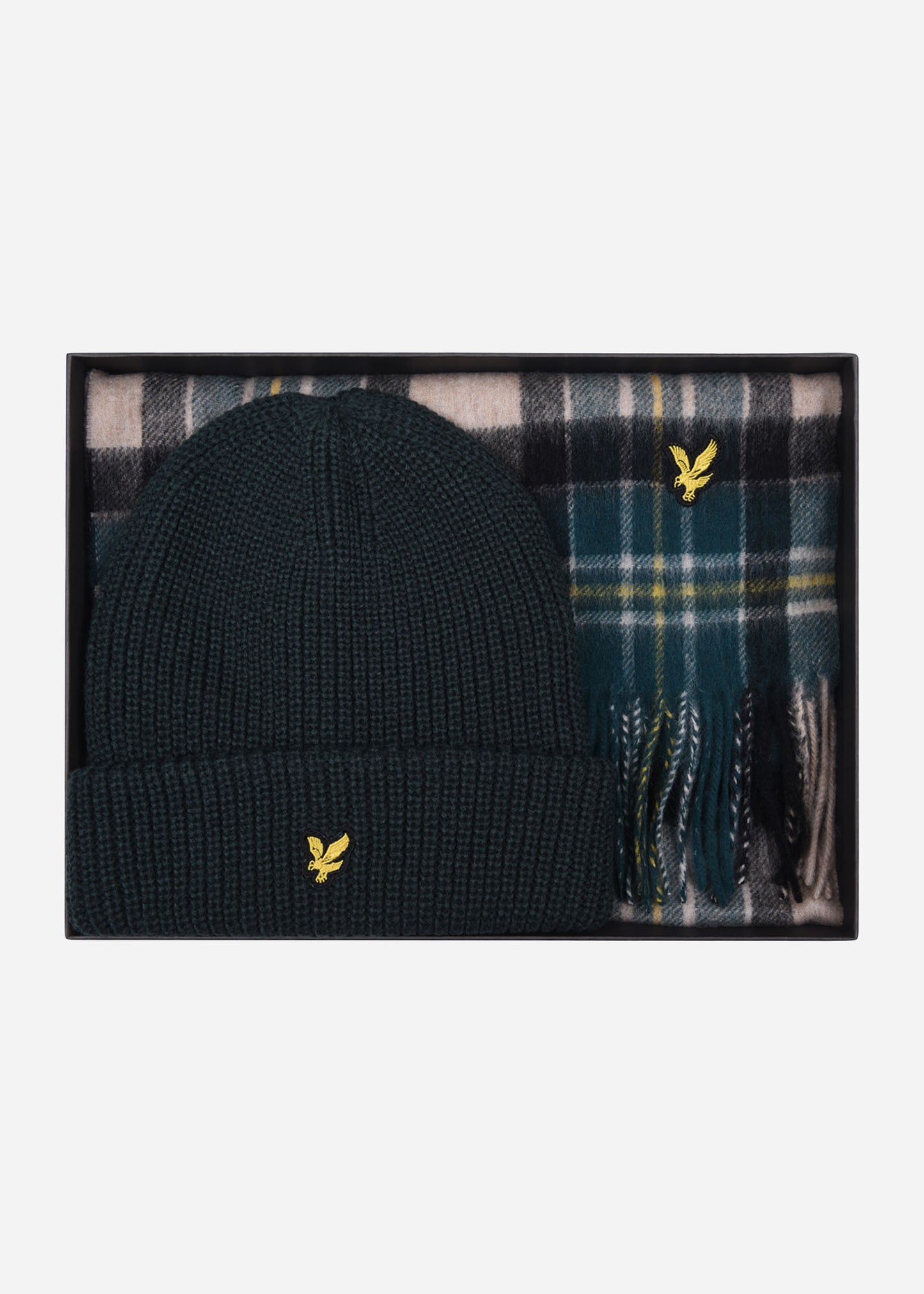 Lyle & Scott Sjaals Lambswool blend checked scarf and beanie gift set - argyle teal