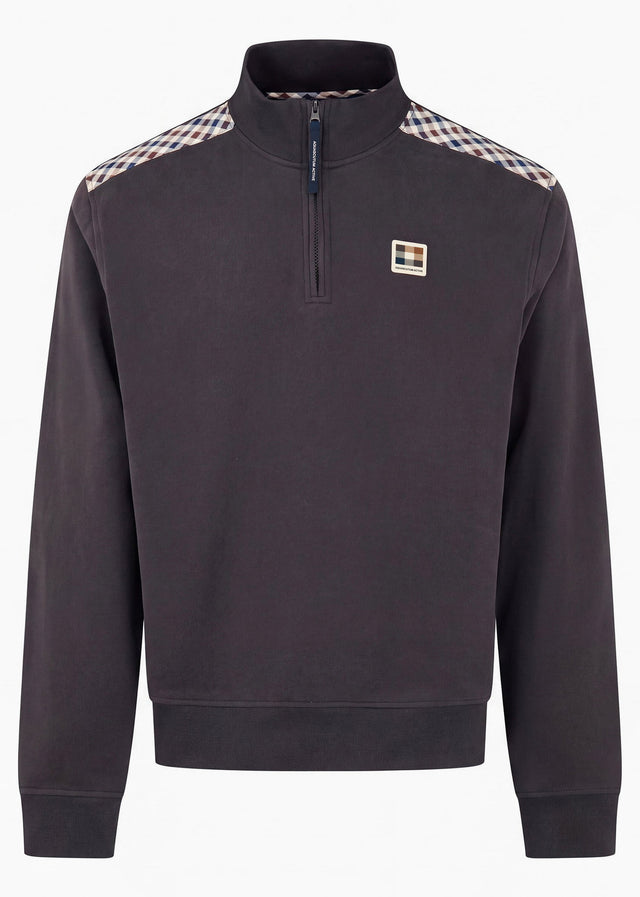 Aquascutum Pullover Check shoulder quarter zip fleece - black