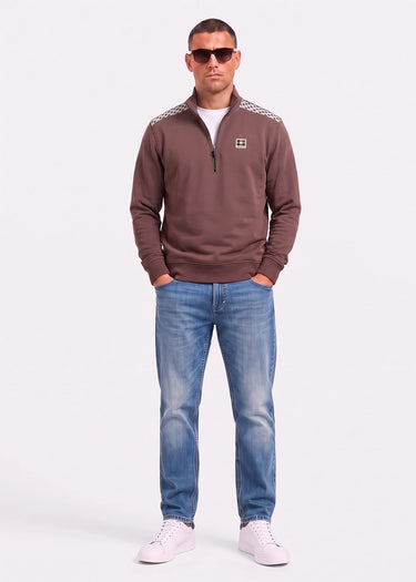 Aquascutum Pullover Check shoulder quarter zip fleece - chocolate