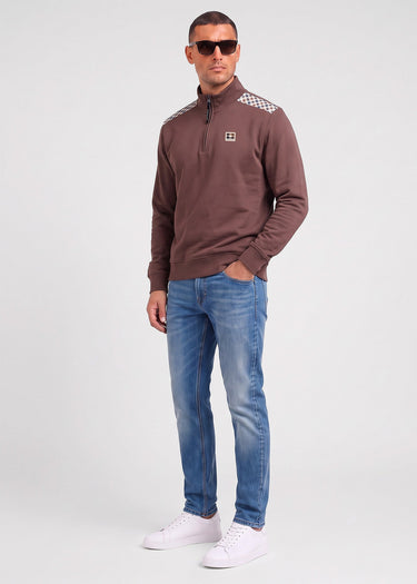 Aquascutum Pullover Check shoulder quarter zip fleece - chocolate