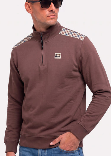 Aquascutum Pullover Check shoulder quarter zip fleece - chocolate