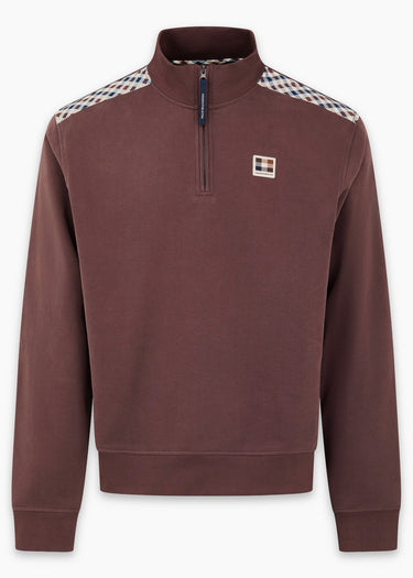 Aquascutum Pullover Check shoulder quarter zip fleece - chocolate