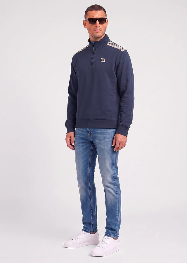 Aquascutum Pullover Check shoulder quarter zip fleece - navy