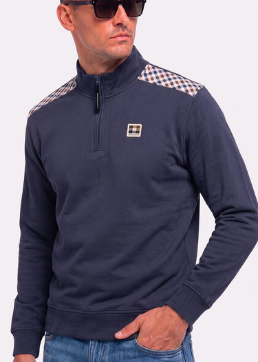 Aquascutum Pullover Check shoulder quarter zip fleece - navy