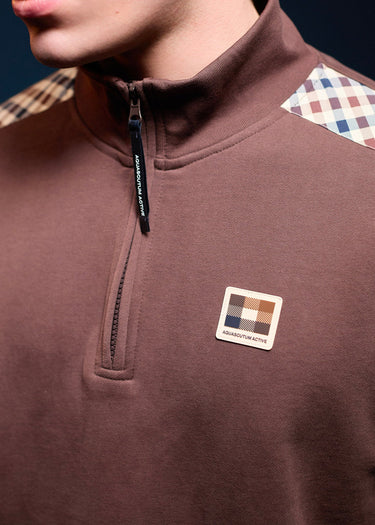 Aquascutum Pullover Check shoulder quarter zip fleece - chocolate