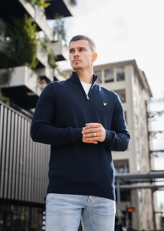 Lyle & Scott Pullover Cotton merino quarter zip jumper - dark navy
