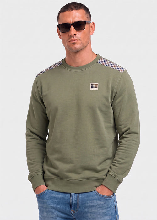 Check shoulder crewneck fleece - army green