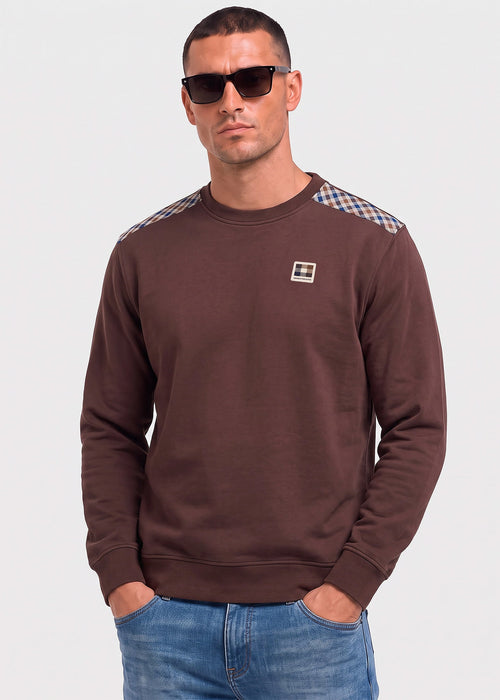 Check shoulder crewneck fleece - chocolate