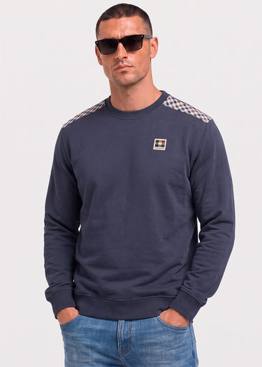Aquascutum Pullover Check shoulder crewneck fleece - navy