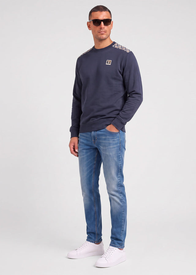 Aquascutum Pullover Check shoulder crewneck fleece - navy
