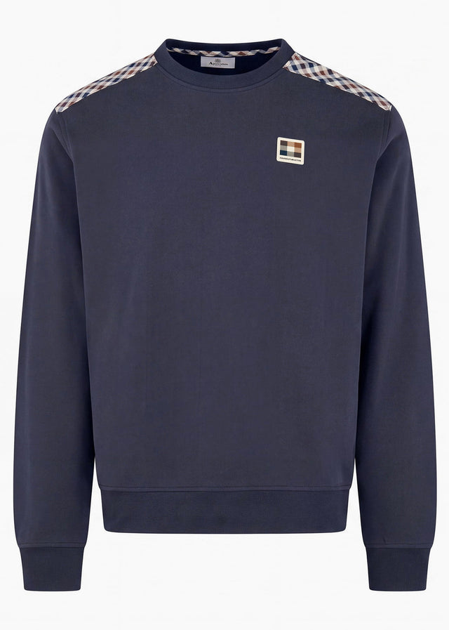 Aquascutum Pullover Check shoulder crewneck fleece - navy