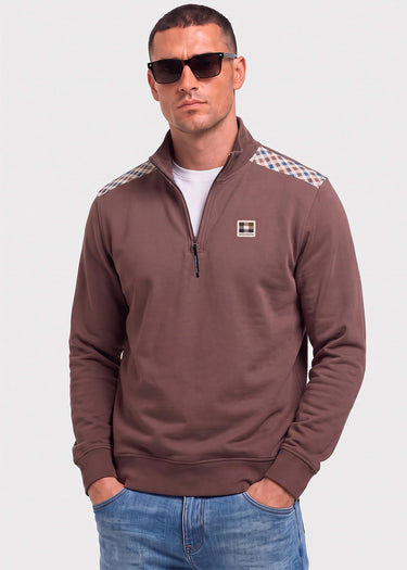 Aquascutum Pullover Check shoulder quarter zip fleece - chocolate