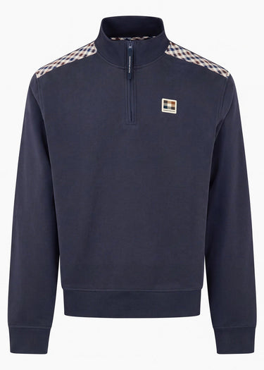 Aquascutum Pullover Check shoulder quarter zip fleece - navy