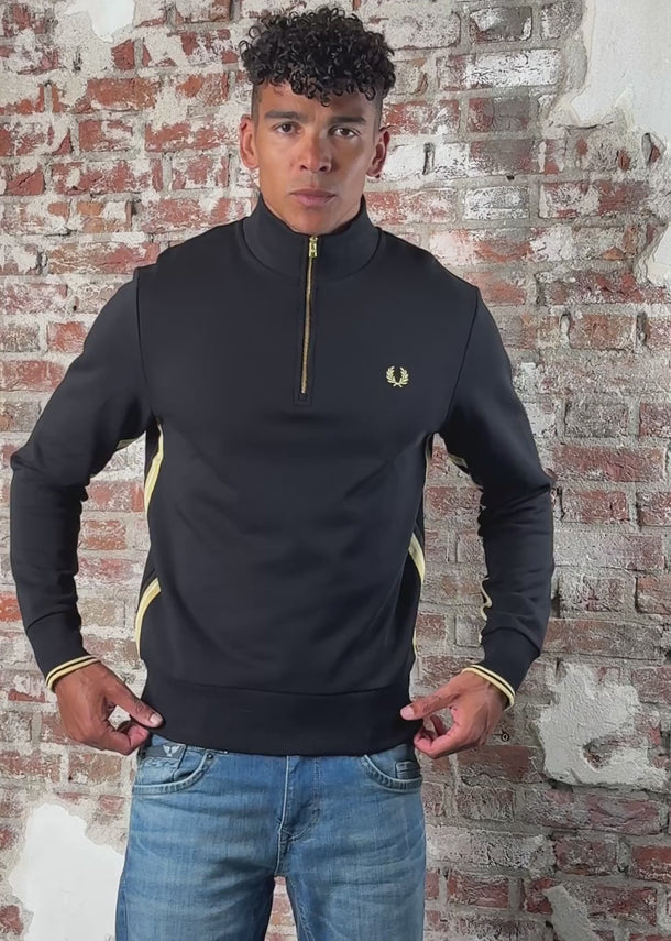 Fred Perry Truien Stripe tape half zip sweathshirt - black champagne